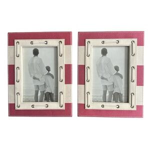 Nautical Striped Pink and White Leather Photo Frame Set (2)